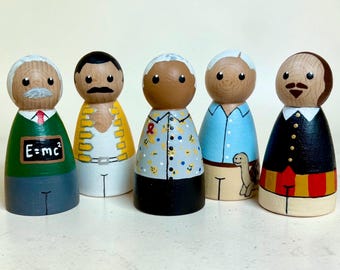 Historical Figures Wooden Peg Dolls | David Attenborough, Einstein, Mandela, Freddie Mercury, Shakespeare | Educational Toy Gift