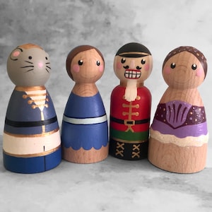 Hand-Painted Nutcracker Peg Doll Set – Clara, Sugar Plum, Mouse King