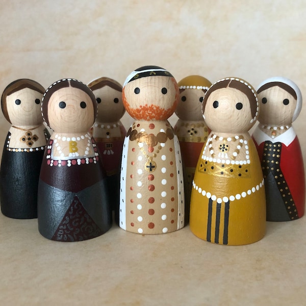 Henry VIII and his Six Wives - Hand Painted Wooden Peg Dolls - Eco Friendly Natural Toys