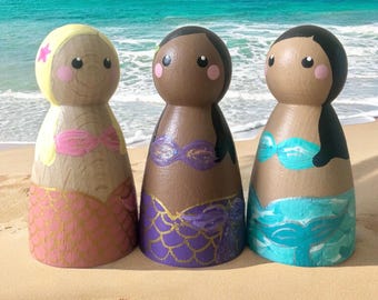 Mermaid Wooden Peg Doll – Hand-Painted Toy, Ocean Theme Decor, Small World Play