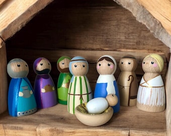 Peg Doll Nativity Set - Hand Painted Wooden Peg Dolls