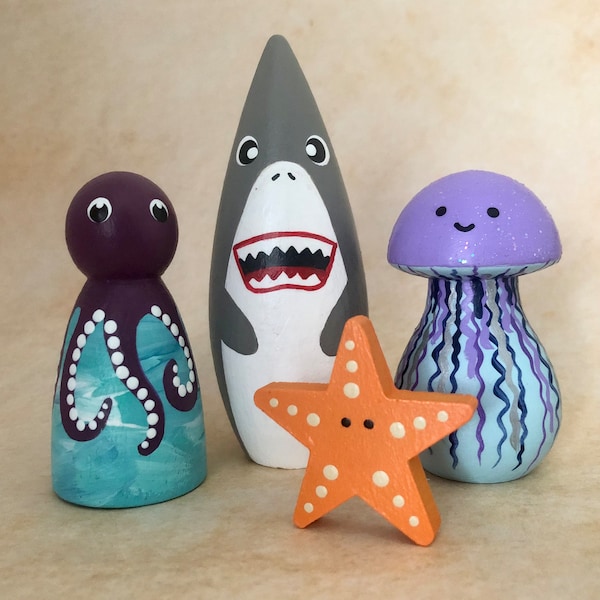 Marine Life Wooden Peg Dolls - Shark - Portuguese Man O’War - Starfish - Hand Painted Wooden Peg Dolls