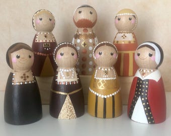 Henry VIII and his Six Wives - Hand Painted Wooden Peg Dolls - Tudors