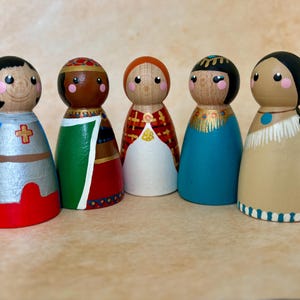 Warrior Queens and Legendary Heroines of History - Hand-Painted Peg Dolls – Boudicca, Cleopatra, Njinga, Joan of Arc, Pocahontas image 1