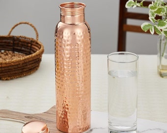 Pure Copper Bottle for Drinking Water - Indian Handmade Ayurveda and Yoga Health Benefits Water Bottle Copper Anniversary gift -  32 Oz