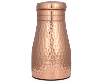 Pure Copper Bedside Water Carafe - Indian Handmade Water Bottle for Copper Anniversary Gift - Hammered - 34 Oz