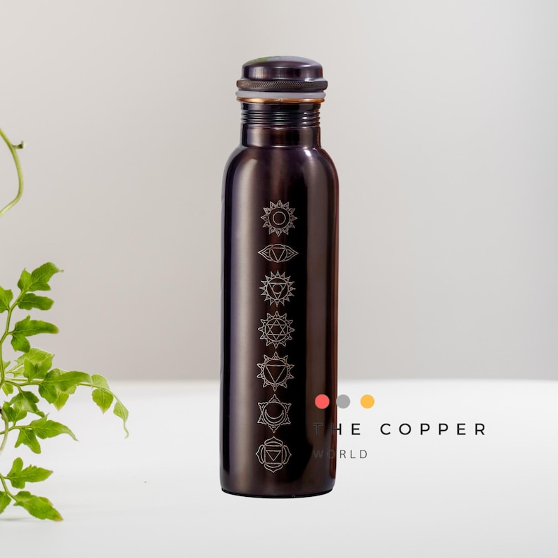 Pure Copper Water Bottle: Ayurvedic Health, Antique Finish, 32 Oz Seven Chakra