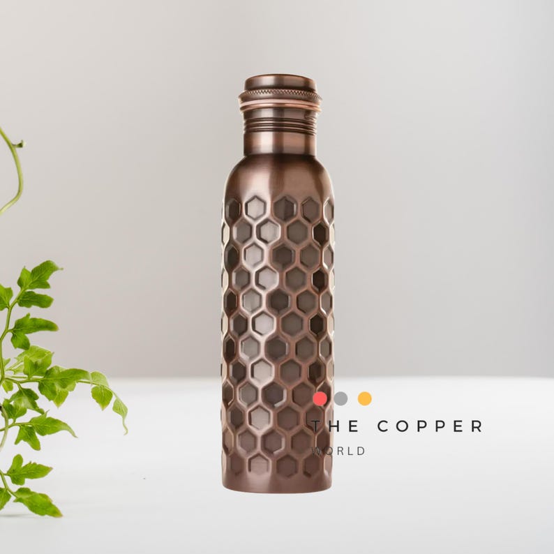 Pure Copper Water Bottle: Ayurvedic Health, Antique Finish, 32 Oz Honeycomb