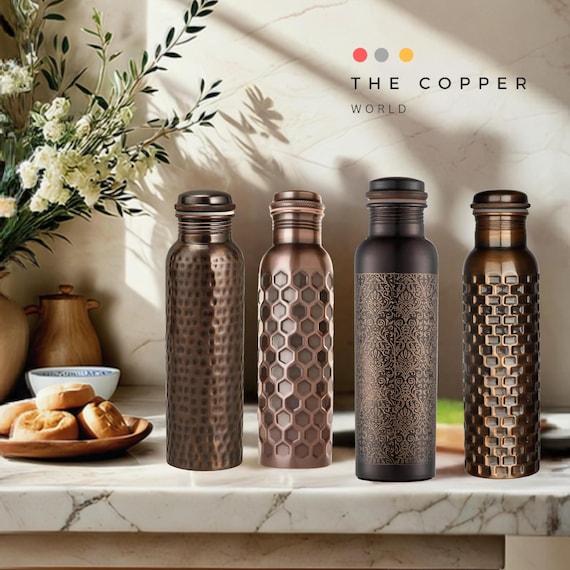 Pure Copper Water Bottle: Ayurvedic Health, Antique Finish, 32 Oz