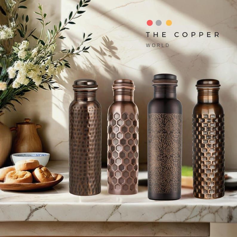 Pure Copper Water Bottle: Ayurvedic Health, Antique Finish, 32 Oz image 1