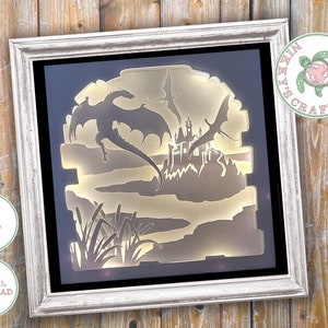 Dragon 3D Shadow Box svg, modelo de caixa de luz, download digital, Cricut, corte de papel DIY, amantes da fantasia, decoração medieval, caverna do homem, uso comercial