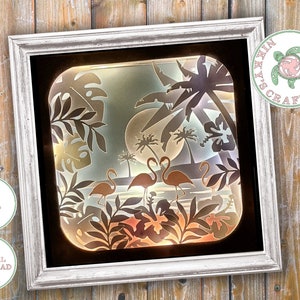 Tropical paradise pink Flamingo 3D Shadow Box svg, Light Box Template, Digital download for Cricut, Commercial use included