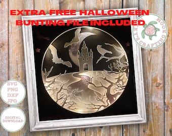 Spooky Halloween Castle 3D Shadow Box svg, Light box template, Cricut digital download, Halloween decoration, Ravens & bats , Commercial use