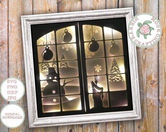 Julfönster snöscen, 3D Shadow Box svg, Ljuslådemall, Cricut digital nedladdning, Snögubbe, dekoration, Kommersiellt bruk