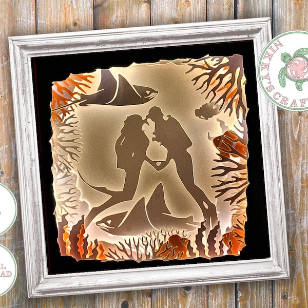 Scuba Diving With Rays 3D Shadow Box svg,Light Box Template,Digital Download,Cricut,Silhouette,Paper cut,Divers gift, Commercial Use