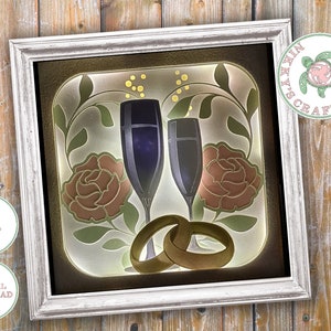Celebración de la boda, 3D Shadow Box svg, Plantilla de caja de luz, Digital, Cricut, Regalo de boda, Copas de champán, Corte de papel de bricolaje, Artesanía de tarjetas, Comercial