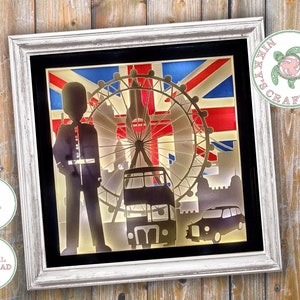 Londres icônica, 3D Shadow Box svg, modelo de caixa de luz, digital, Cricut, pontos de referência da cidade, decoração de berçário, lembrança de férias, Union jack, uso comercial