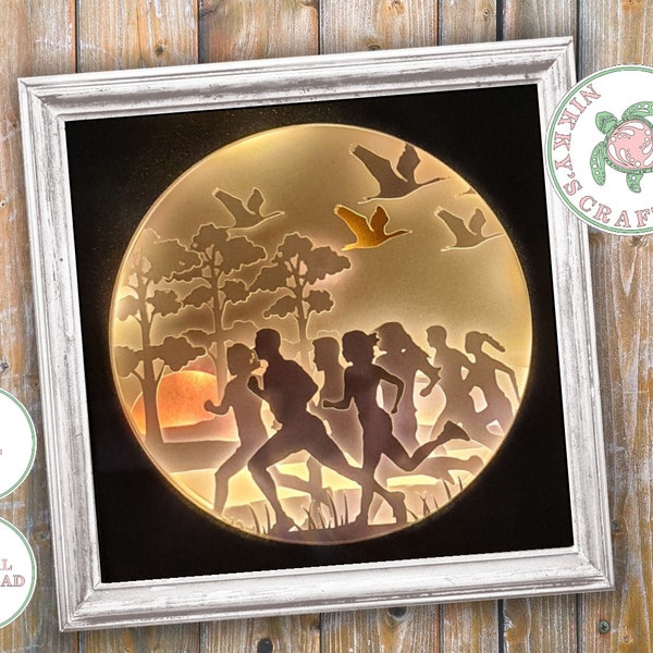 Marathon runners gift, 3D Shadow Box svg, Light Box Template, Digital Download, Cricut cut file, Commercial use included