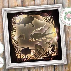 Plongée sous-marine, 3D Shadow Box svg, Modèle de boîte à lumière, Téléchargement numérique, Cricut craft, mer profonde, tortues de mer, poisson étoilé, conception en couches, cadeau de plongeurs