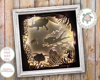 Scuba Diving,3D Shadow Box svg,Light Box Template,Digital Download,Cricut craft,deep sea,sea turtles,star fish,layered design,divers gift