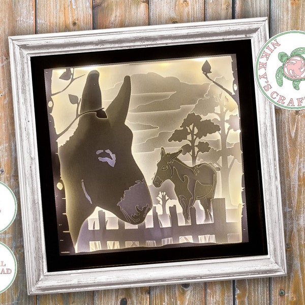 Donkey 3D Shadow Box svg,Light Box Template,Digital Download,Cricut file,DIY paper cut,Card craft,Animal lover gift,Girls bedroom,Commercial