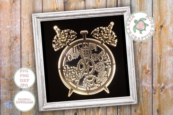 Vintage alarm clock, 3d shadow box SVG, light box template, digital download for Cricut, commercial use svg, childhood memories