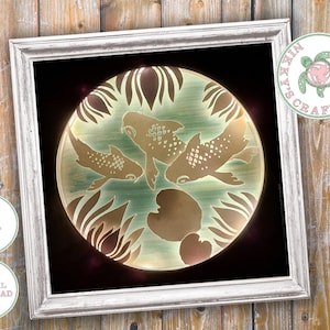 Koi carp in lily pond, 3D Shadow Box svg. Light Box Template. Digital Download. Cricut cutting machine files. Commercial use included