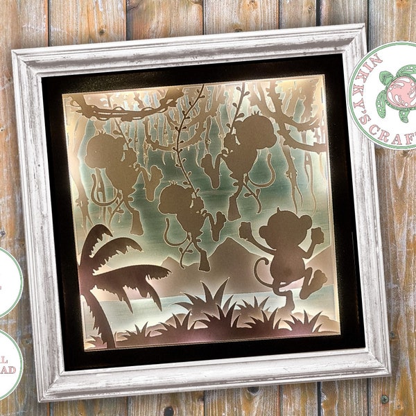 Monkey jungle 3D Shadow Box SVG Light Box Template Digital Download Cricut Toddler gift Nursery Night light Paper cut png dxf Commercial