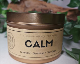 Calm Scented Soy Candle - Hand Poured, Wooden Wick, Gift, clary sage, geranium, lavender