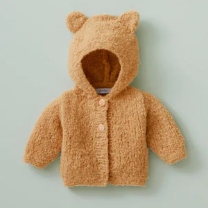 May include: A brown fuzzy hooded cardigan with bear ears. The cardigan has a button closure and is made of a soft, plush material.