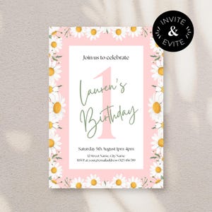 Pastelroze madeliefje verjaardagsuitnodiging sjabloon | Bewerkbare canvasuitnodiging | 1e verjaardag of welke leeftijd dan ook | Digitaal en print 5 x 7" + Instagram-verhaal