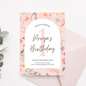 Sjabloon roze herfst bloemen verjaardagsuitnodiging | Bewerkbare canvasuitnodiging | 1e verjaardag of welke leeftijd dan ook | Digitaal en print 5 x 7" + Instagram-verhaal