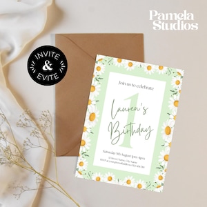 Pastelgroene madeliefje verjaardagsuitnodiging sjabloon | Bewerkbare canvasuitnodiging | 1e verjaardag of welke leeftijd dan ook | Digitaal en print 5 x 7" + Instagram-verhaal