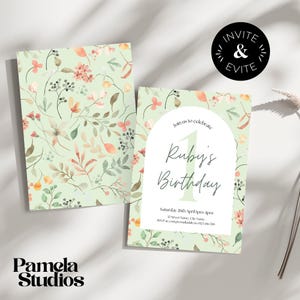 Groene herfst bloemen verjaardagsuitnodiging sjabloon | Bewerkbare canvasuitnodiging | 1e verjaardag of welke leeftijd dan ook | Digitaal en print 5 x 7" + Instagram-verhaal