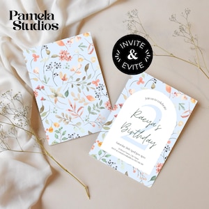 Modèle d'invitation d'anniversaire floral bleu automne | Toile d'invitation modifiable | 1er anniversaire ou tout âge | Numérique et impression 5 x 7 po. + Story Instagram