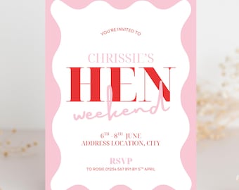 Wavy Hen Party Invitation Set | Pink Bridal Template (Editable Canva, Printable & Digital)