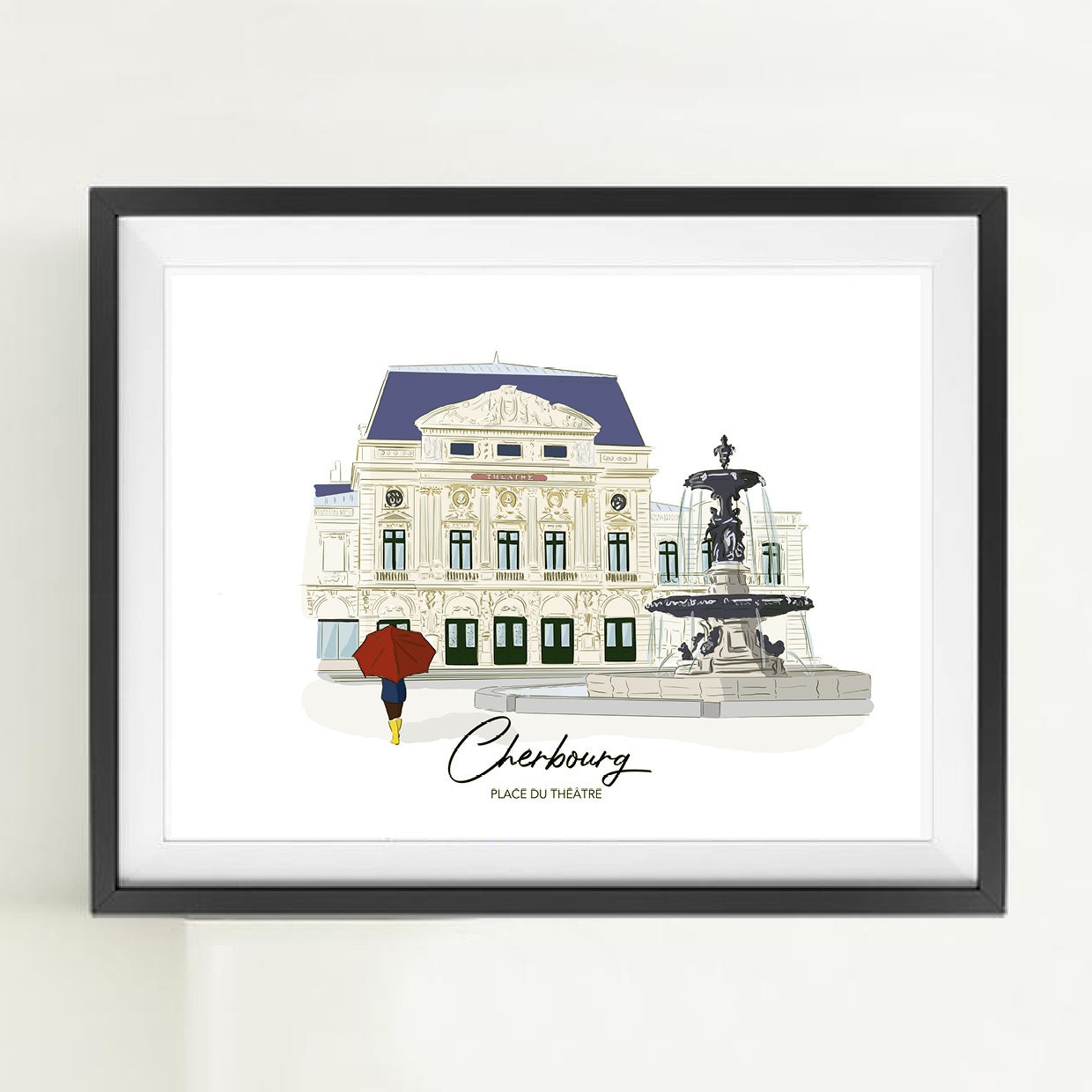 Affiche Poster Décoration Murale Papier Style Croquis Cherbourg Théatre Fontaine Normandie France Mi