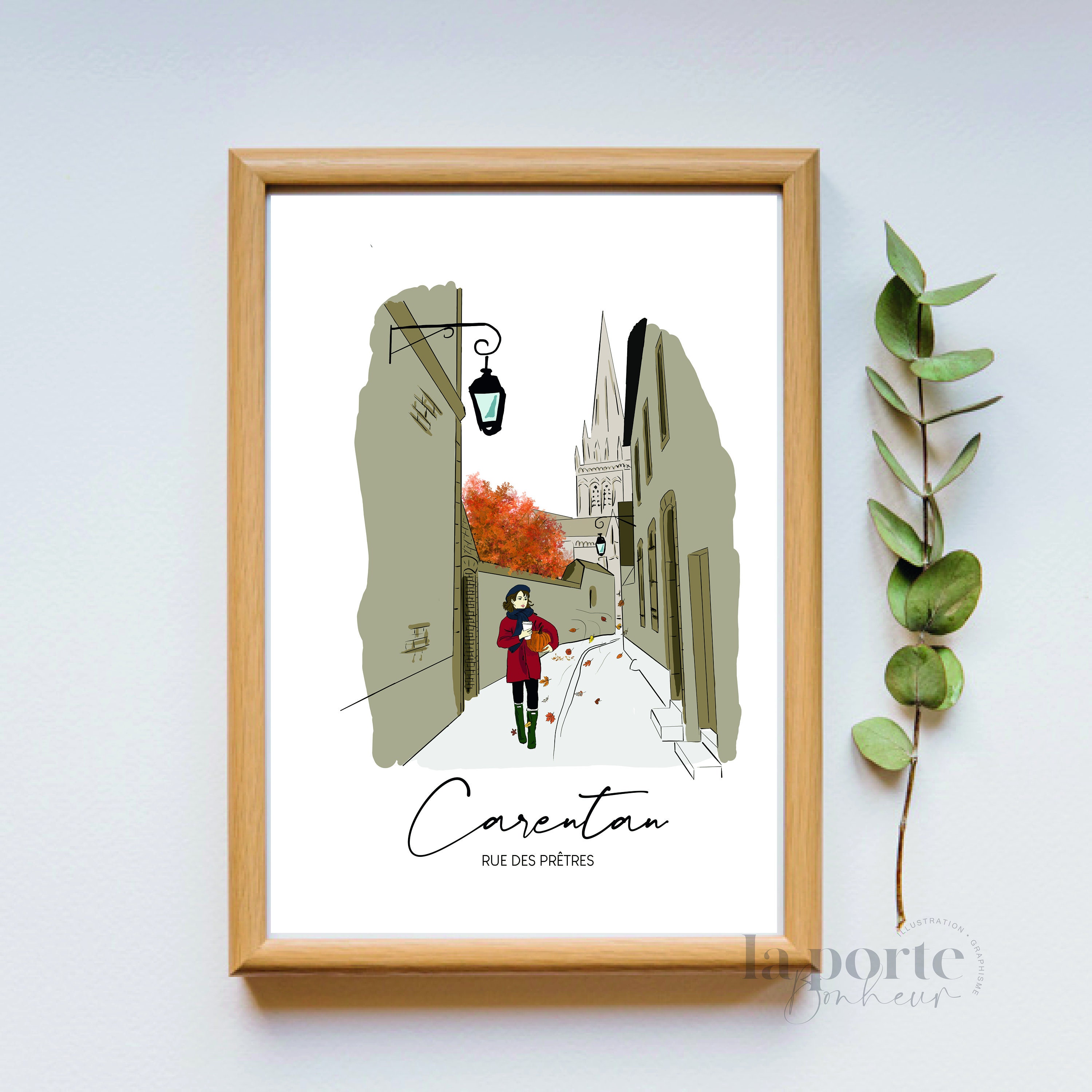 Affiche Poster Décoration Murale Papier Style Croquis Rue Carentan Normandie Automne Citrouille Mini