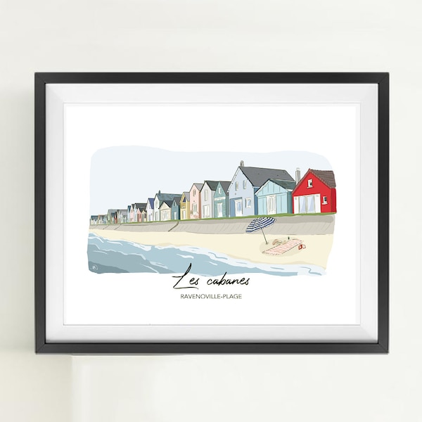 Affiche Poster décoration murale papier style croquis Plage mer cabanes pêcheur Normandie France Ravenoville minimaliste dessin couleur