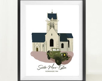 Poster wall decoration paper sketch style Sainte-Mère-Eglise Normandy 1944 Jeep WW2 world war II minimalist color drawing