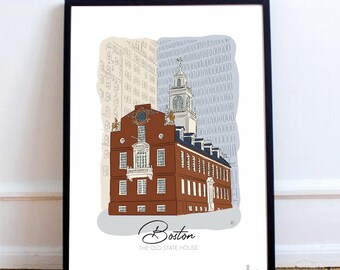 Affiche Poster Boston décoration murale papier style croquis the old statehouse minimaliste dessin USA