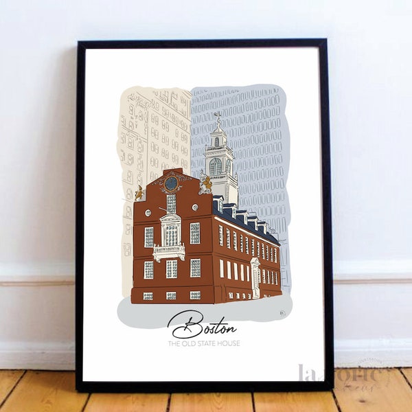 Affiche Poster Boston décoration murale papier style croquis the old statehouse minimaliste dessin USA