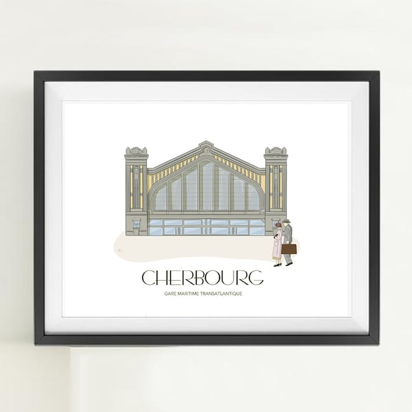 Poster poster wall decoration paper sketch style Cherbourg Station Maritime 1930s Normandie France minimalist color drawing