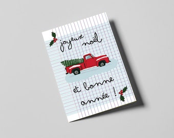 Carte pick up rouge Noël sapin décoration murale papier style croquis minimaliste voeux Cahier d'école neige format C5 plié