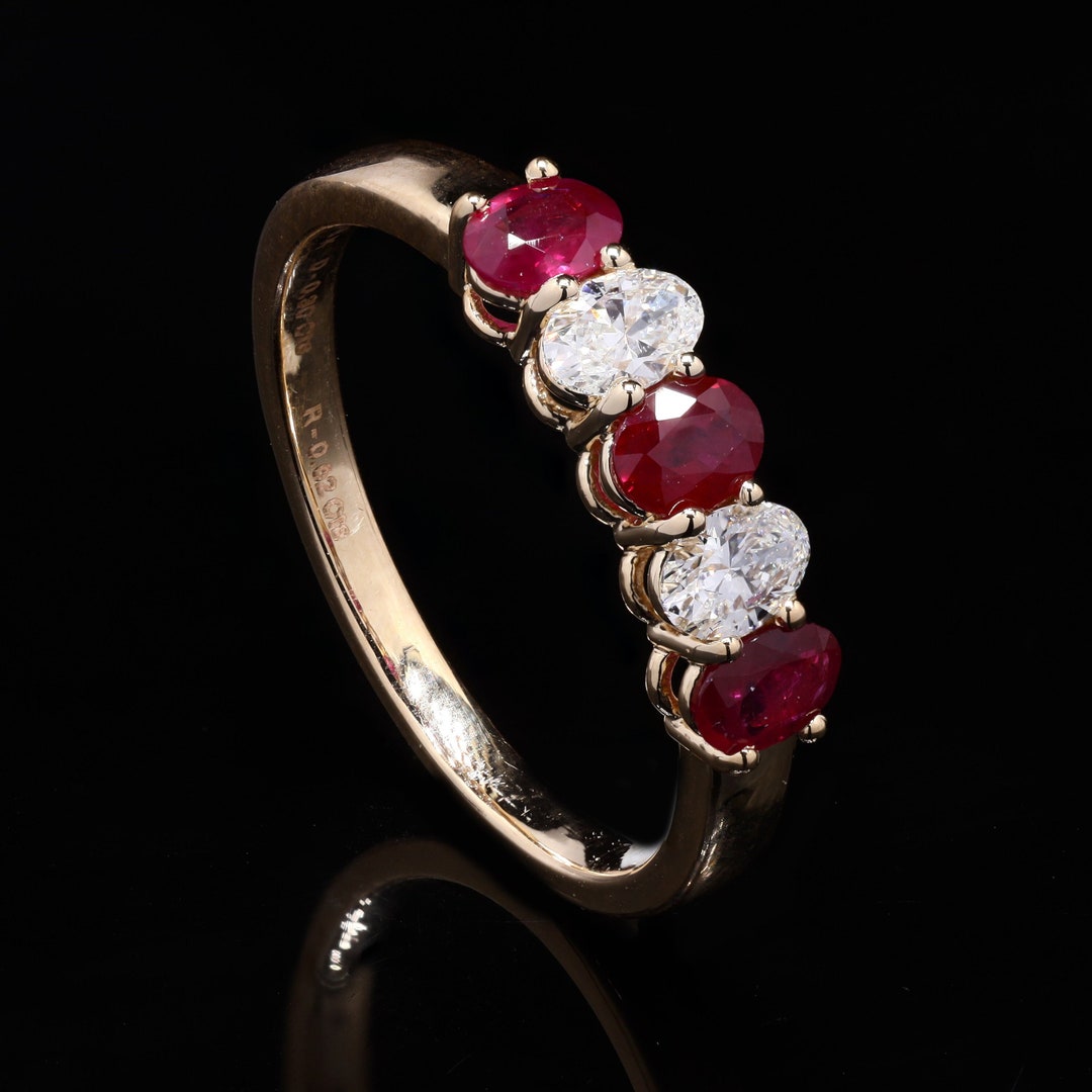 18k Gold, Oval Ruby Half Eternity Band With Halo / Natural Diamond and ...