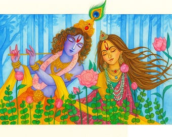 Radha Krishna Watercolor Art Print: Hindu Mythology, Spiritual Love (Digital Download)