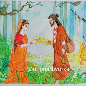 Dipinto ad acquerello originale - "La maschera del male" ~ Sita e Ravan nella foresta / Mitologia indiana Ramayana / Spirituale / 11,7 * 16,5 pollici