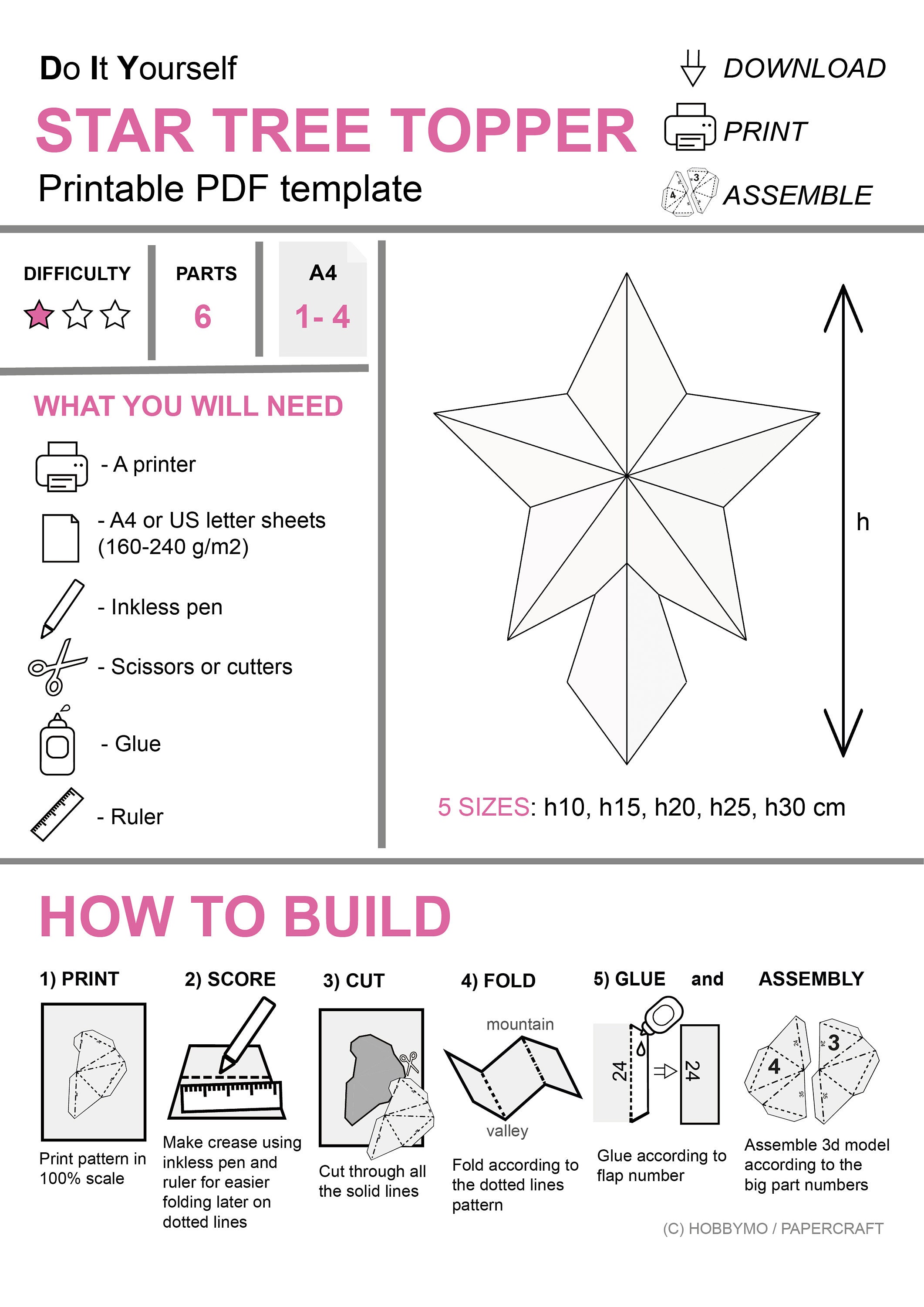 DIY Star Tree Topper 5 Sizes Printable Pdf Templates. Tree | Etsy