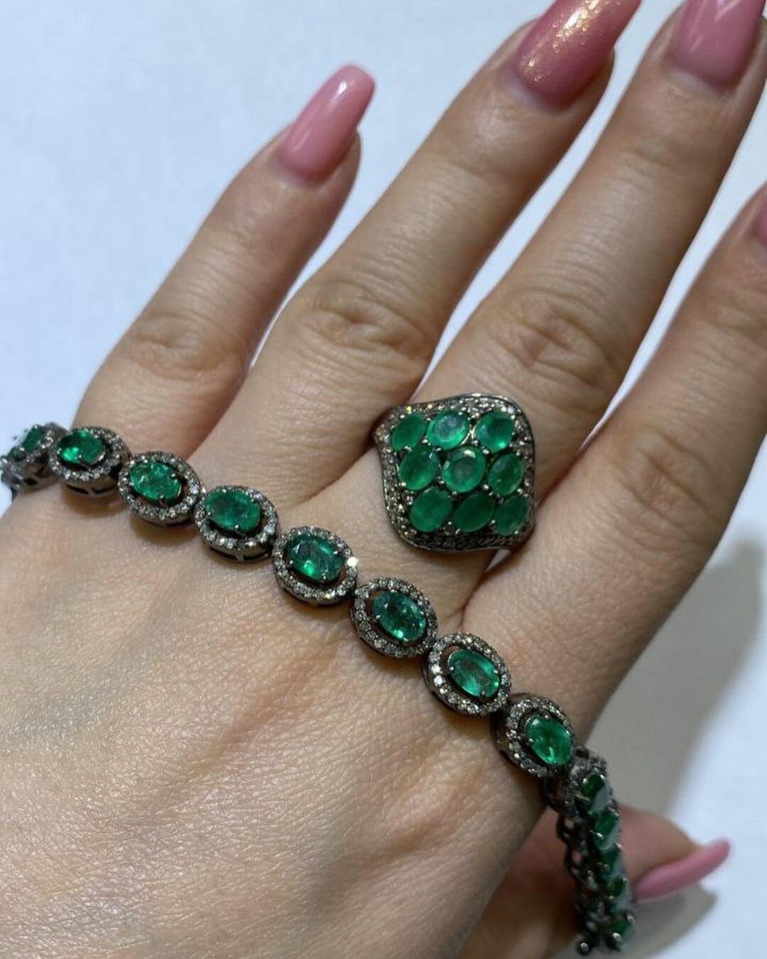 Natural Emerald & Pave Diamond Gemstone Ring 925 Sterling Silver Gift Jewelry