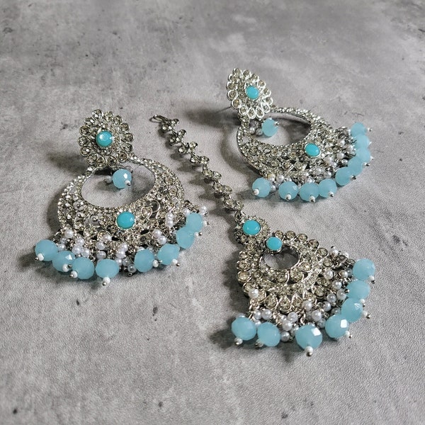 Mint Blue earrings tikka set,  Light Blue earrings, wedding jewellery, High quality Indian jewellery. suitable for wedding and parties